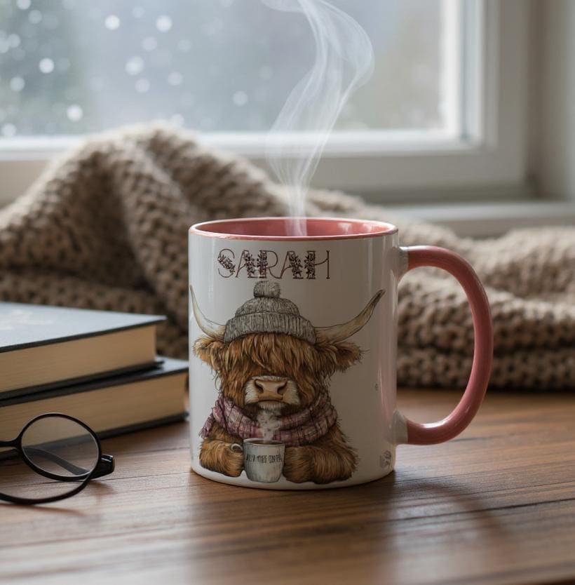 Personalised Highland Cow Mug – Cute Winter Coffee Cup with Name, Pink Handle and Inner - Highland Cow Gift for Her - Highland Cow Lovers
