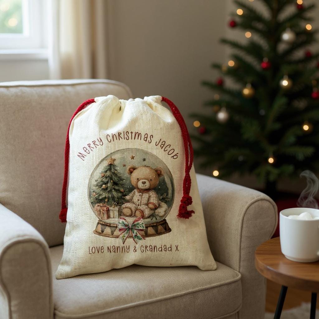 Personalised Small Christmas Santa Sack – Custom Teddy Bear Sack with Name, Kids Gift Bag, Linen Texture - Xmas Eve Bag - For Baby/toddler