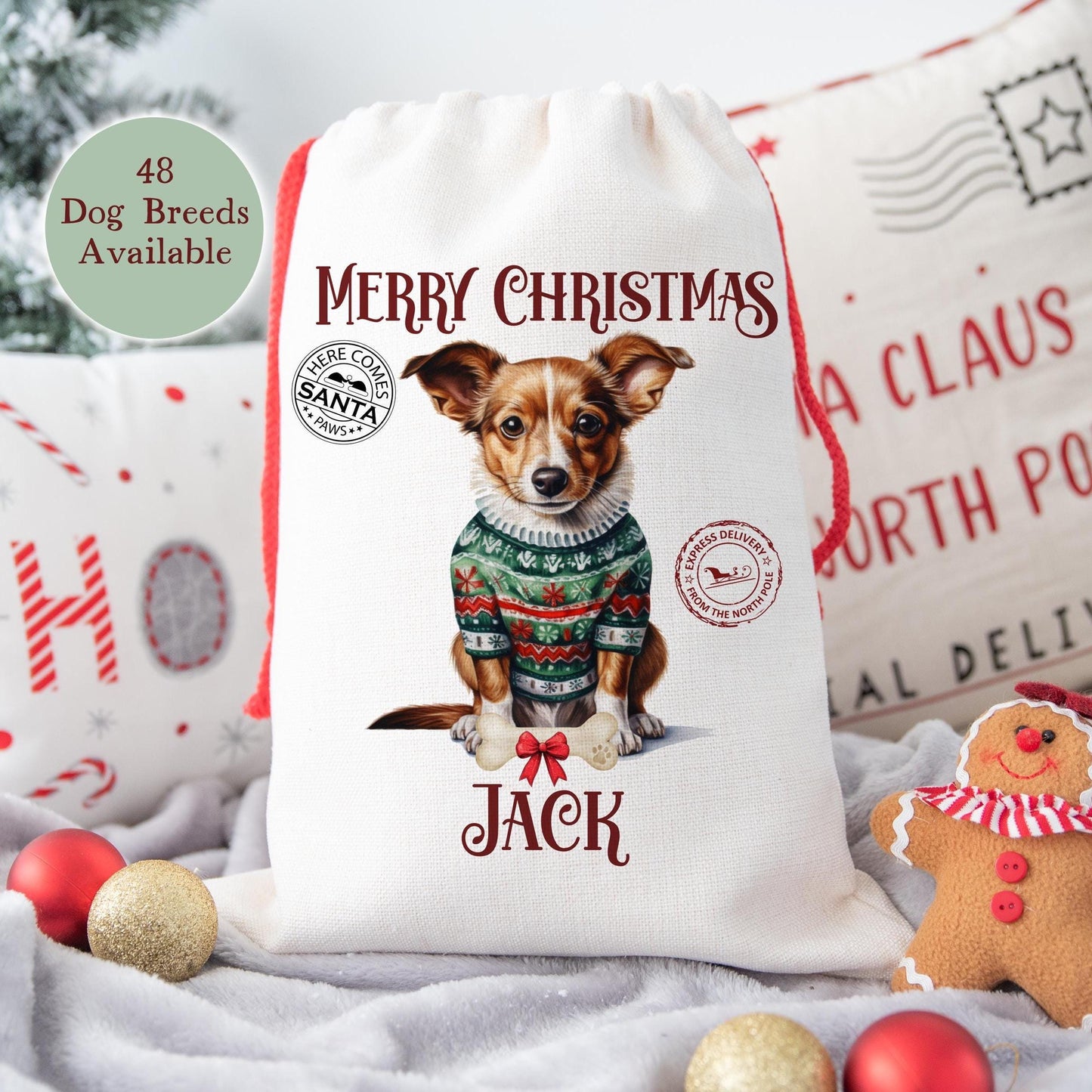 Personalised Dog Christmas Santa Sack (Small) – Custom Pet Gift Bag – 48 Breeds Available - Santa Paws Linen Sack - 30 x 40 cm -