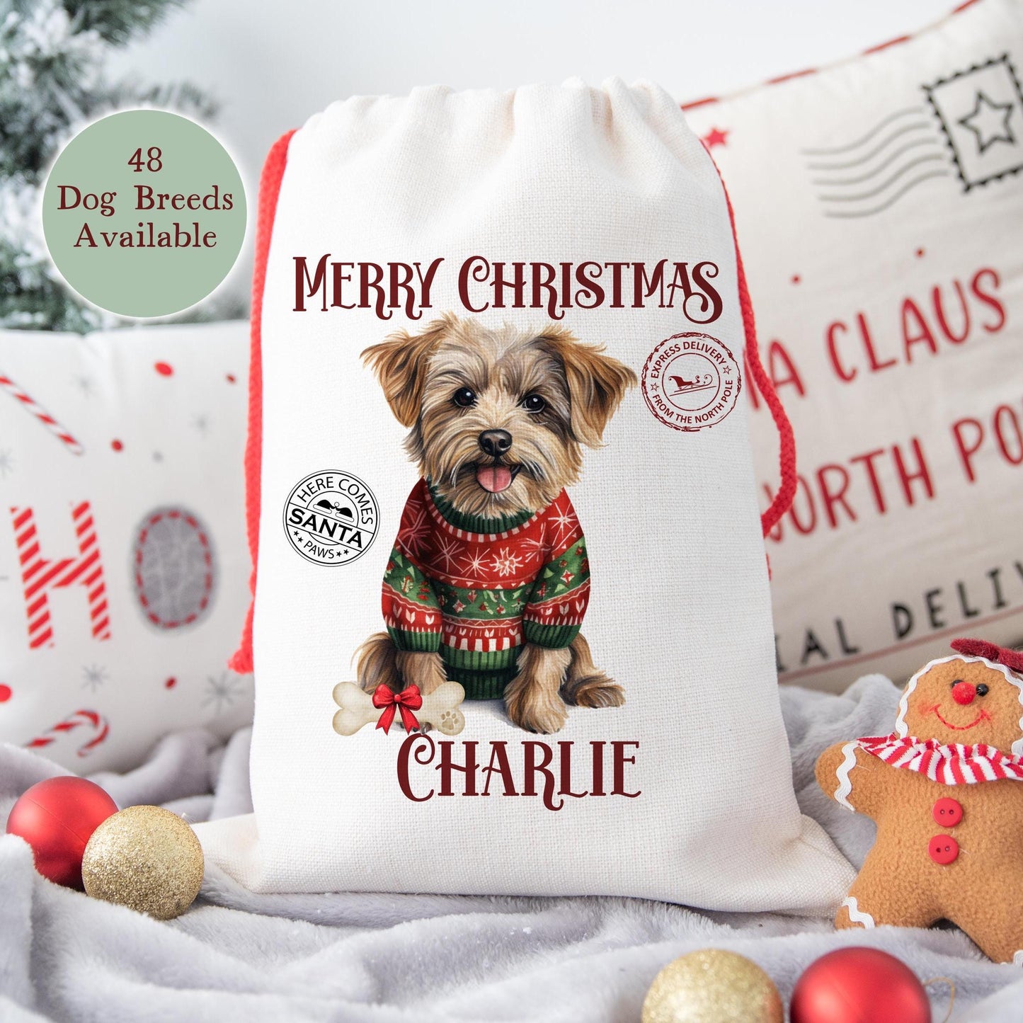 Personalised Dog Christmas Santa Sack (Small) – Custom Pet Gift Bag – 48 Breeds Available - Santa Paws Linen Sack - 30 x 40 cm -
