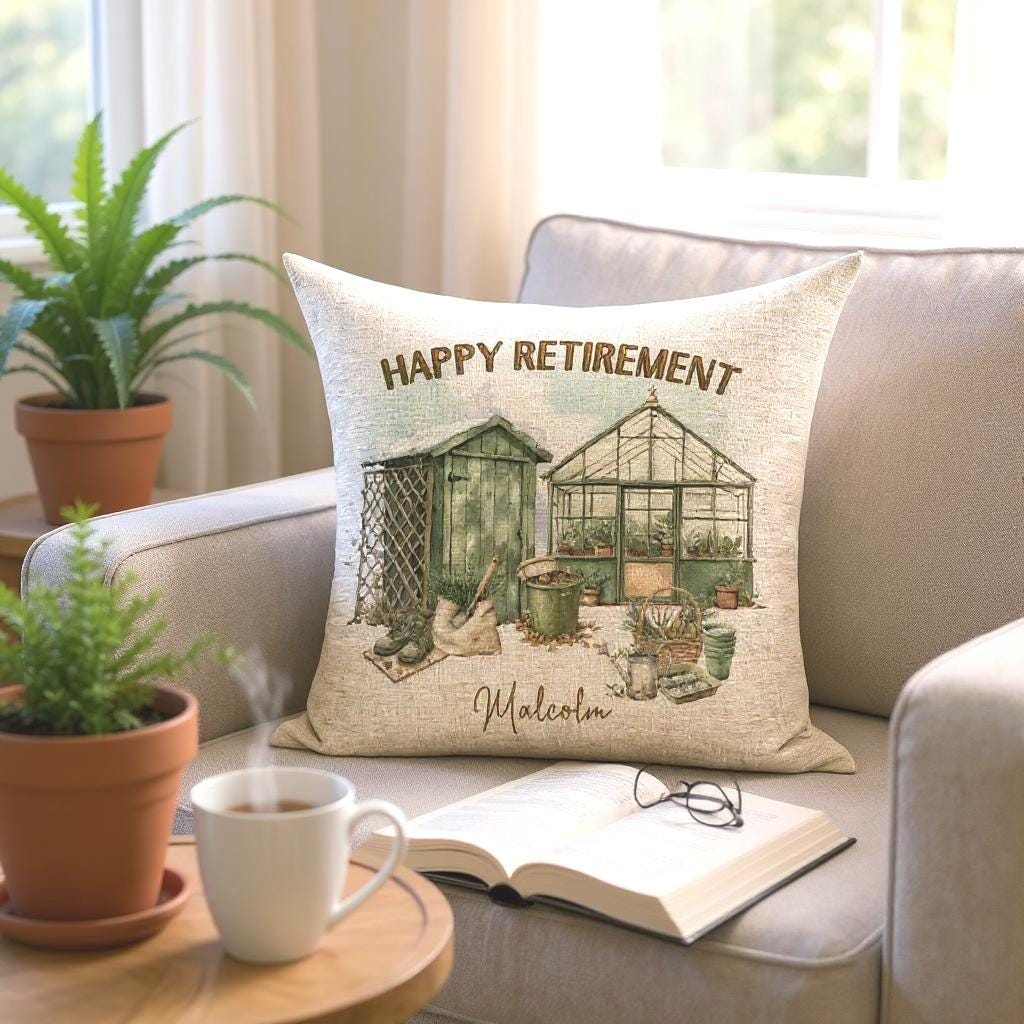 Personalised Retirement Cushion, Gardener Gift for Him, Happy Retirement Pillow, Custom Name Garden Shed Cushion, Gift for Dad or Grandad