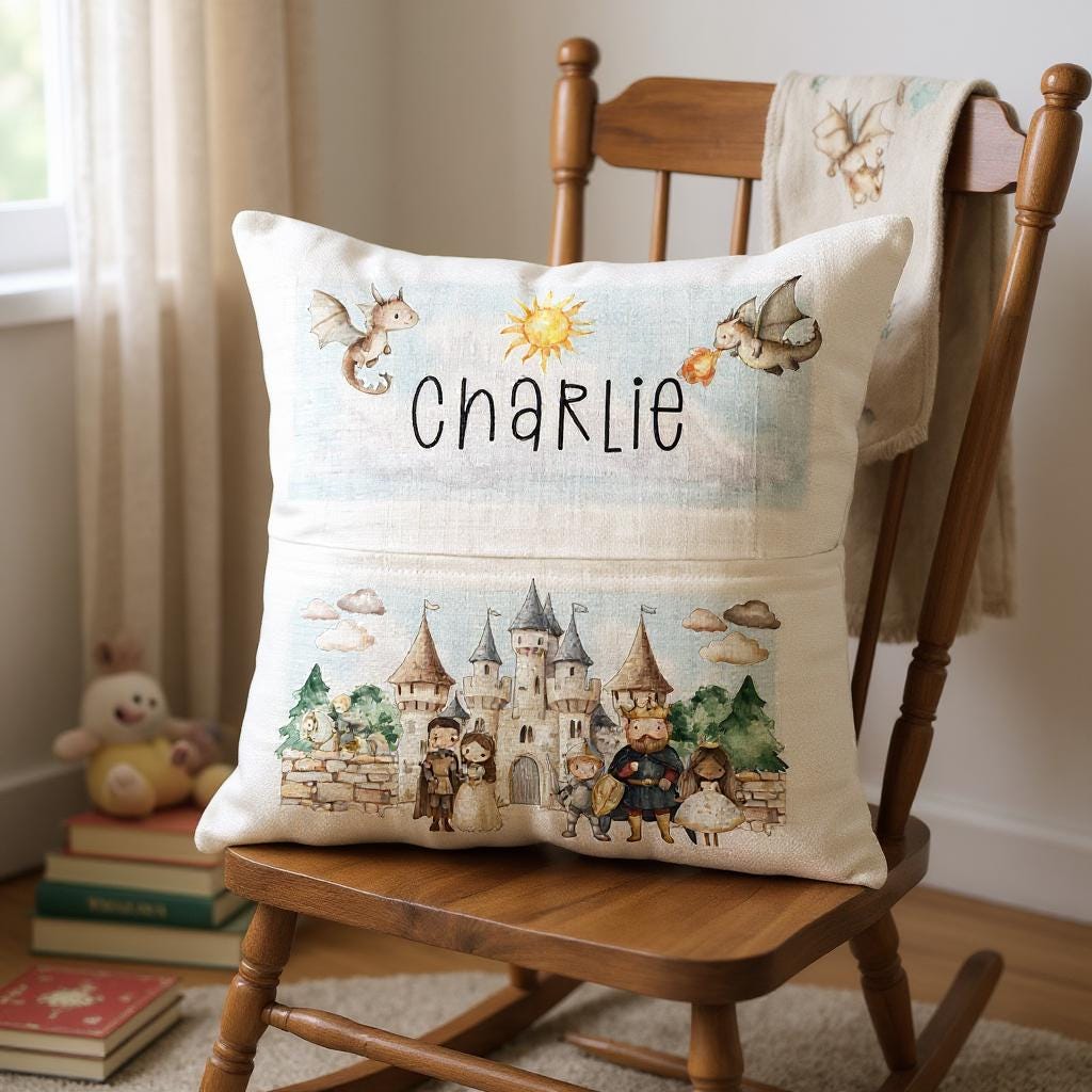 Personalised Kids Book Cushion | Fairy Tale Castle & Dragon Cushion | Custom Pillow with Book Pocket - Toddler Gifts - Princess Knights Gift