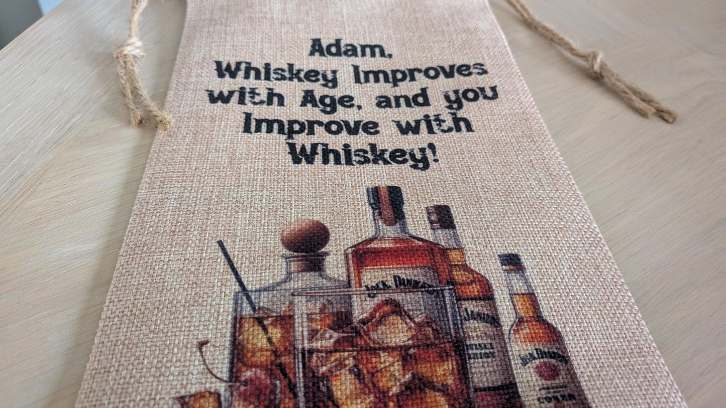 Personalised Hessian Drawstring Whiskey Themed Bottle Bag - Whiskey Presentation Bag - For Dad - For Him - For Brother - Whiskey Gift Bag