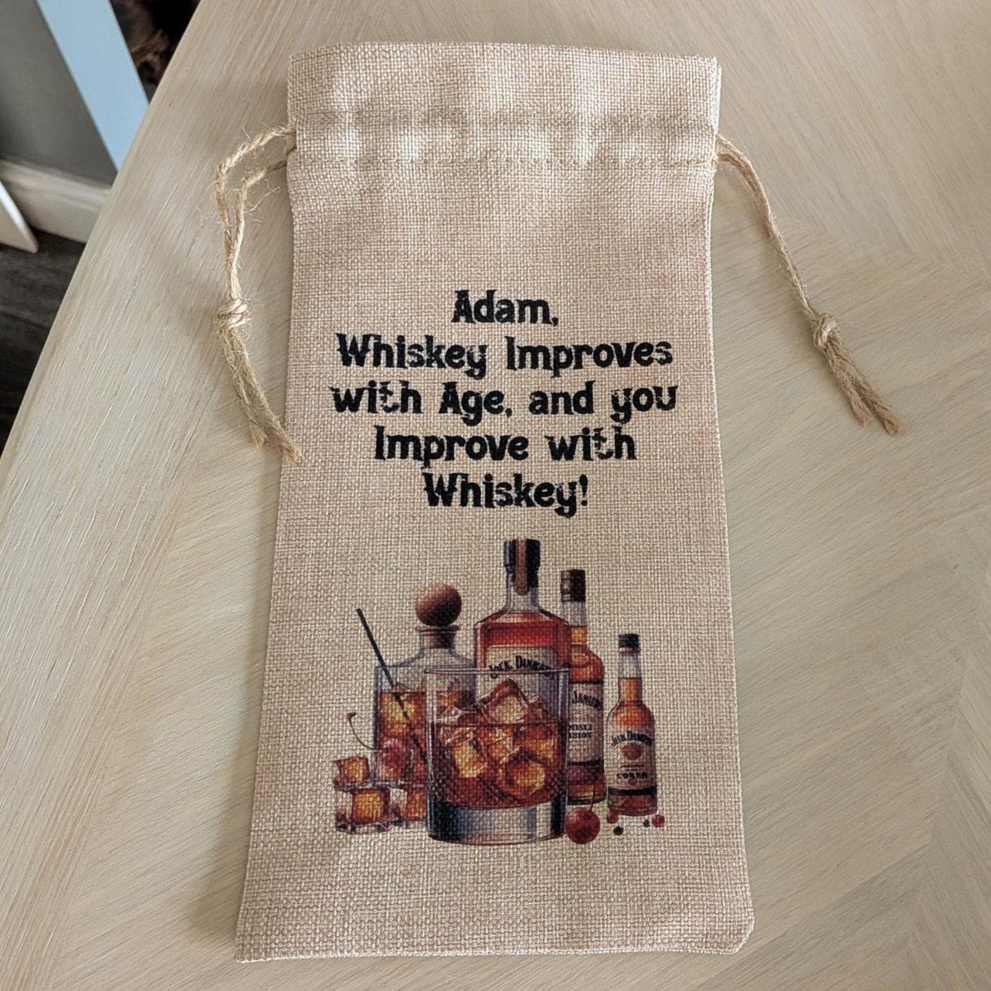 Personalised Hessian Drawstring Whiskey Themed Bottle Bag - Whiskey Presentation Bag - For Dad - For Him - For Brother - Whiskey Gift Bag