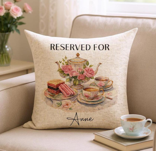 Personalised Ladies Linen Retirement Cushion with an Afternoon Theme - Reserved For - Gift for co-worker - Tea, Florals and Cake