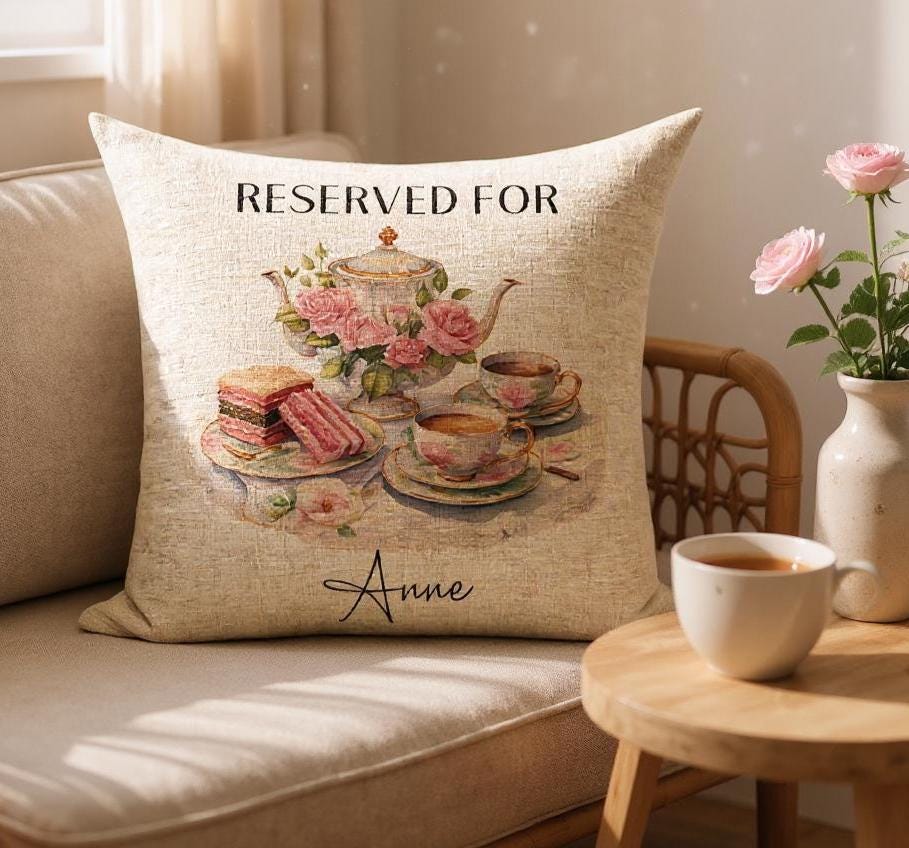 Personalised Ladies Linen Retirement Cushion with an Afternoon Theme - Reserved For - Gift for co-worker - Tea, Florals and Cake