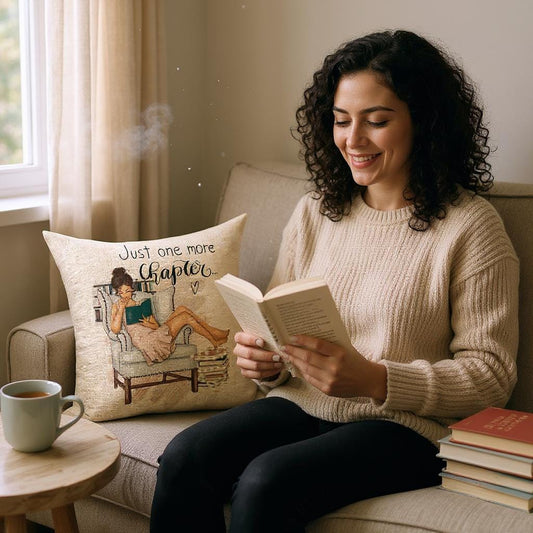 Book Lover Cushion Gift - Just One More Chapter - Pastel Colours - Cushion for Readers - Book Nerd Gift - Young Woman Reading Design - Linen