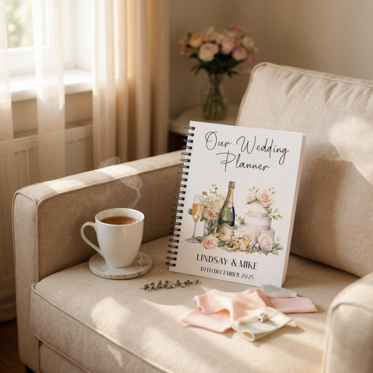 Personalised A5 Wedding Planner with 60 lined pages - Acrylic front and back - Spiral Bound - Cake Florals Champagne - Guest Book - Notes