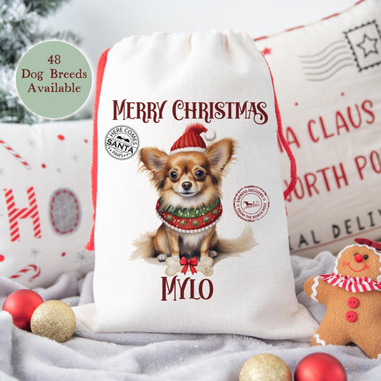 Personalised Dog Christmas Santa Sack (Small) – Custom Pet Gift Bag – 48 Breeds Available - Santa Paws Linen Sack - 30 x 40 cm -