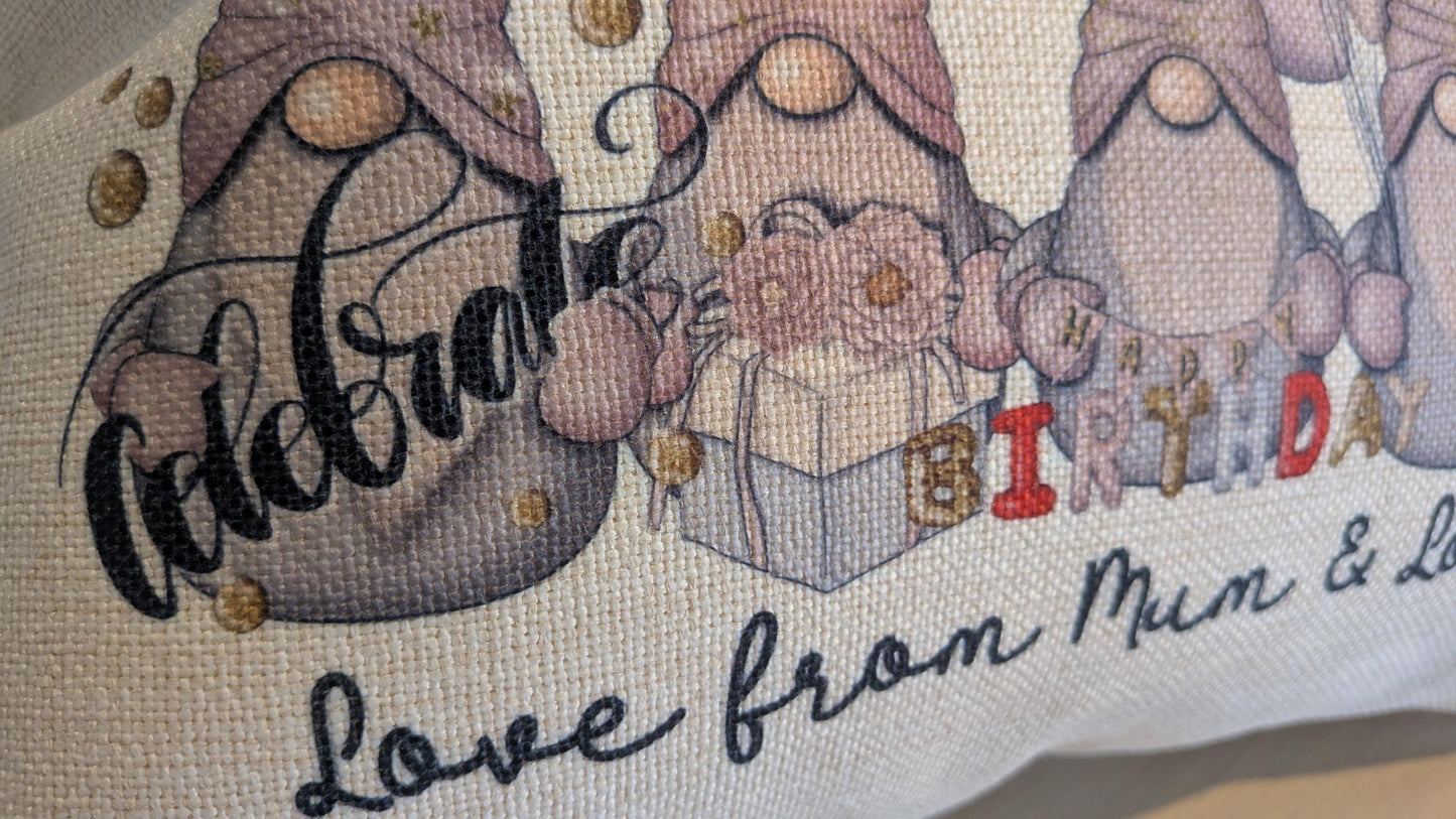 Personalised 18th Birthday Girl Plush Linen Cushion with Pink and Gold Gonk Design and Birth Stats - Gifts for 18th Birthday Girl
