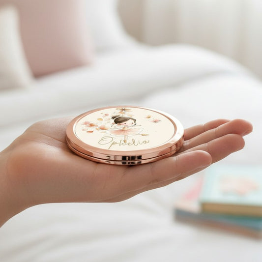Personalised Ballerina Themed Rose Gold Compact Mirror with a Custom Character