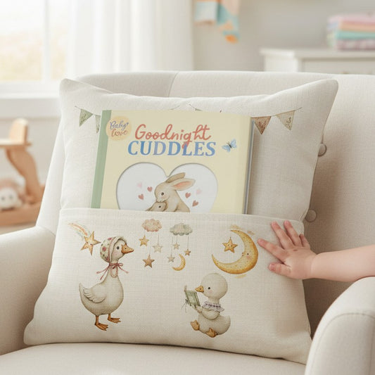 Personalised Book Pocket Pillow for Babies and Toddlers with a Cute Goose Theme