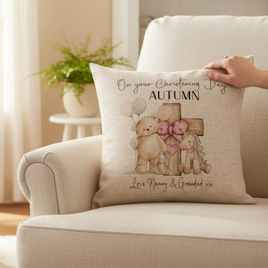 Personalised Girls Linen Christening/Baptism Pillow with Teddy Bear Theme