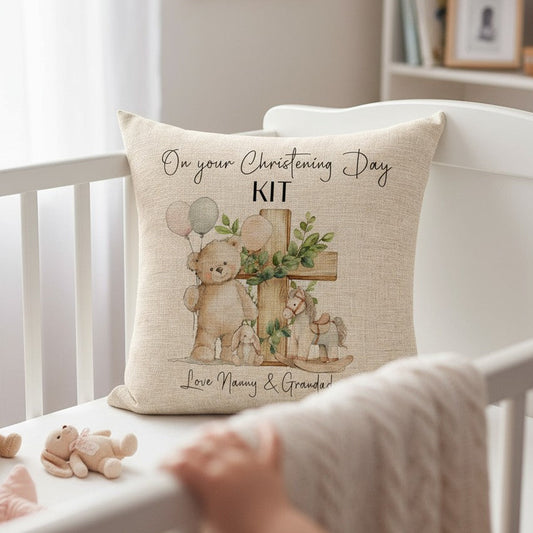 Personalised Boys Linen Christening/Baptism Pillow with Teddy Bear Theme