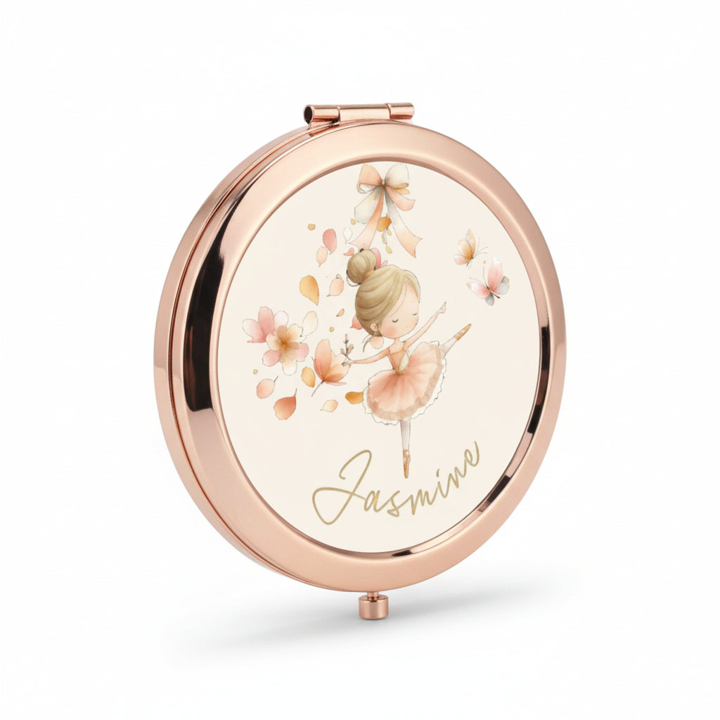 Personalised Ballerina Themed Rose Gold Compact Mirror with a Custom Character