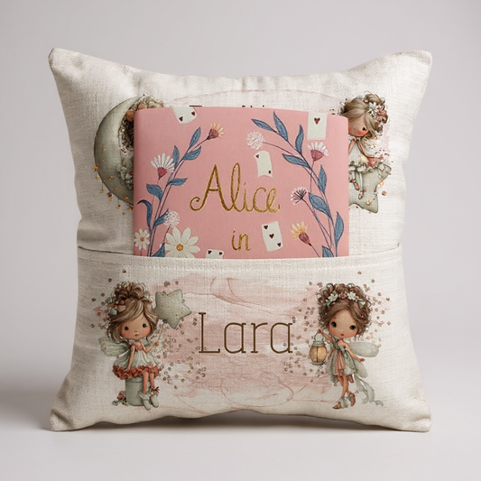 Personalised Girl's Fairy Bedtime Story Book Pocket Cushion