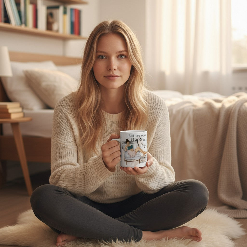 Woman sitting on a rug holding a mug in a cosy living room.