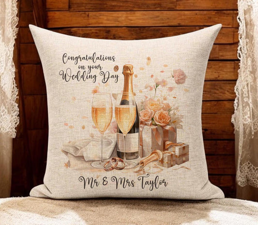 Personalised Wedding Cushion - Champagne and Floral Design