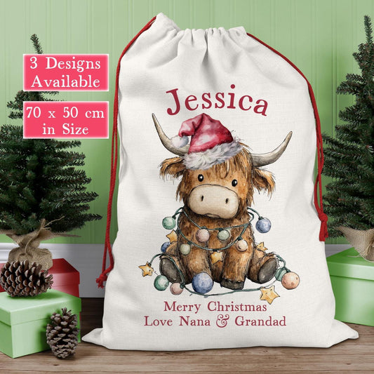 Customised Large Linen Santa Sack with a Christmas Highland Cow