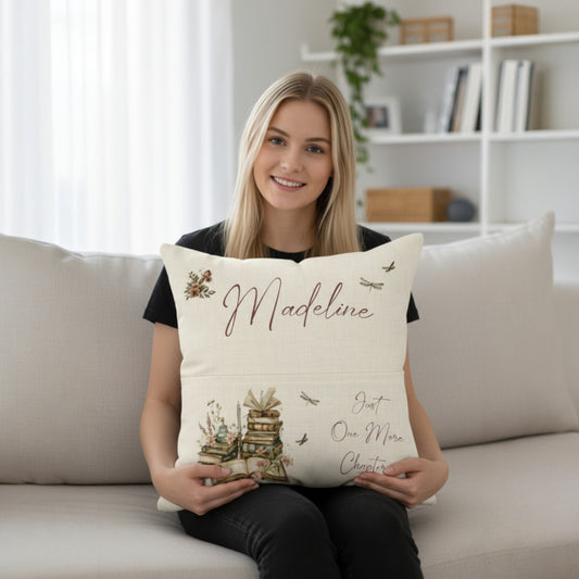 Personalised Women's Linen Book Cushion With Pocket for Book