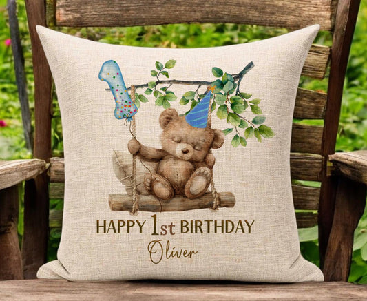 Teddy Bear Personalised First Birthday Cushion