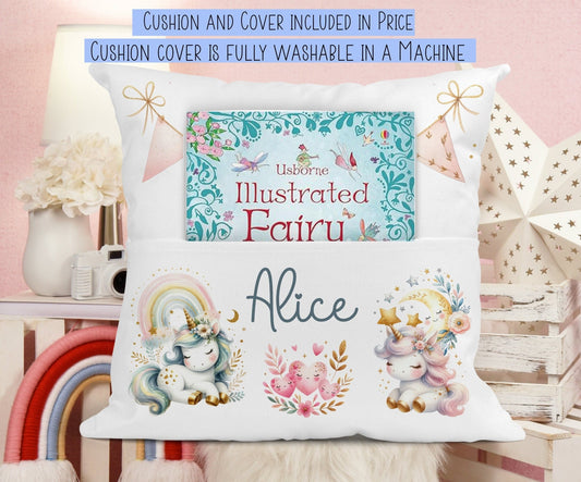 Personalised Linen Unicorn Book Pocket Cushion