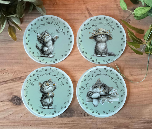Whimsical Cat Glass Coaster Set – Set of 4 with Feline Quotes