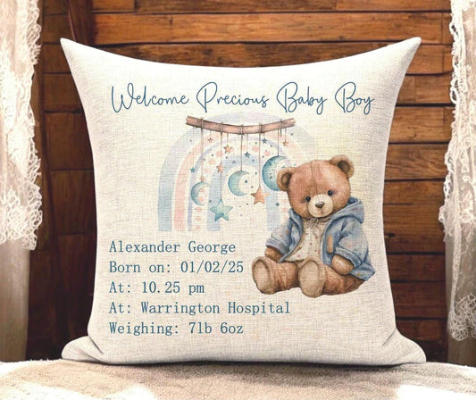 Personalised Linen Cushion with Cover for New Baby