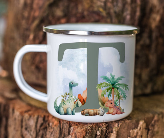 Boys Dinosaur Themed Enamel Camping Mug with Personalised Initial