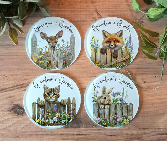 Set of Four Glass Spring Animal Coasters with 'Grandma's Garden'