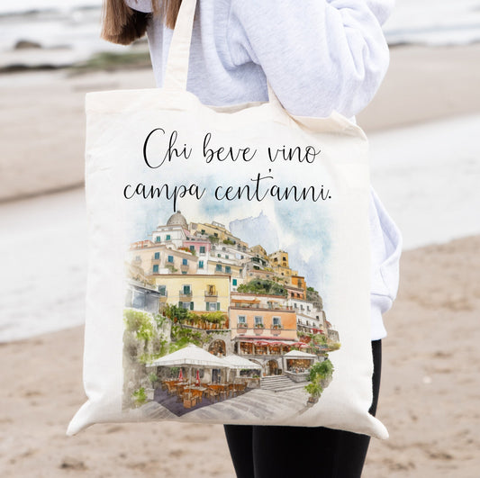 'He who Drinks Wine, Lives for a Hundred Years' Italy Inspired Tote Bag