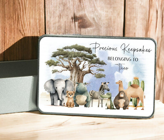 Personalised Baby Keepsake Tin with Cute Safari Animal Theme