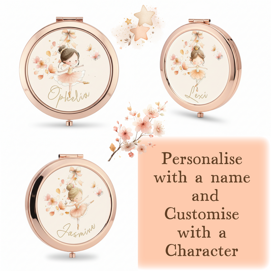 Personalised Ballerina Themed Rose Gold Compact Mirror with a Custom Character