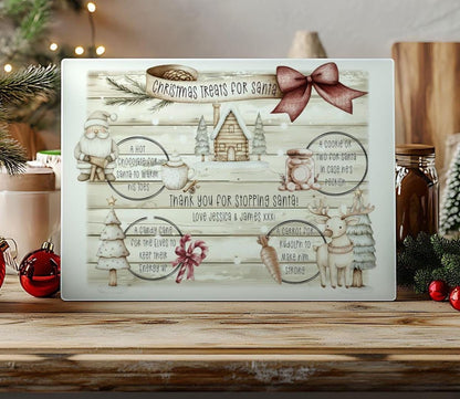 Large Personalised Santa's Treats Glass Board - Santa's hot chocolate, cookies, carrot - 38 x 28cm - Children's Christmas board for Santa