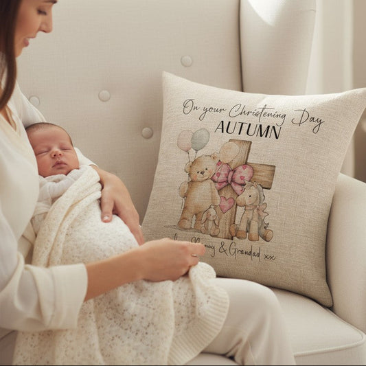 Plush linen cushion with a watercolour teddy bear christening design