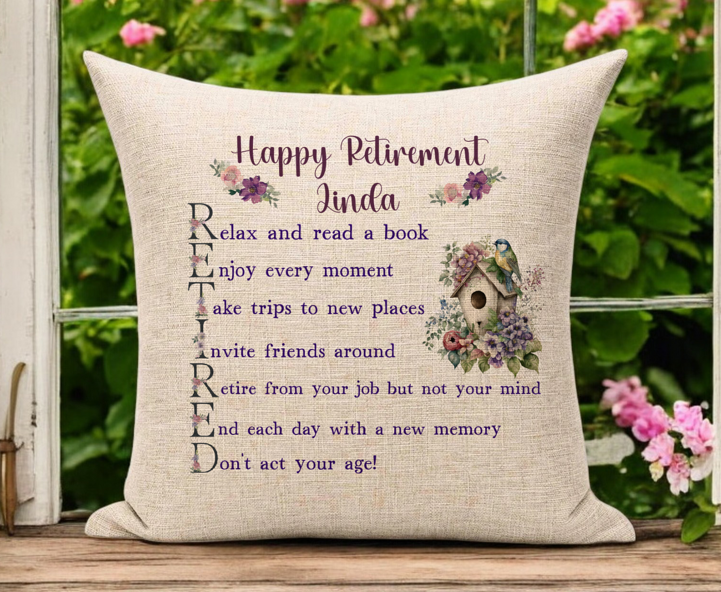 Personalised Lady's Retirement Cushion with Quotes and Florals