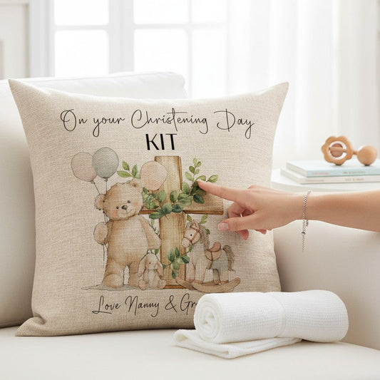 A linen plush cushion with a teddy bear Christening Design