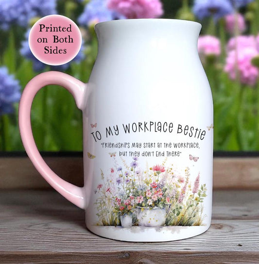 Personalised Ceramic Jug Vase – “To my Workplace Bestie” – Floral Vase Gift for Co-worker, Birthday, Work Friend Gift -