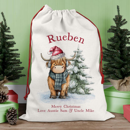 Customised Large Linen Santa Sack with a Christmas Highland Cow