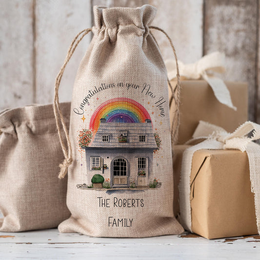 Congratulations on your New Home Personalised Hessian Drawstring Bottle Bag