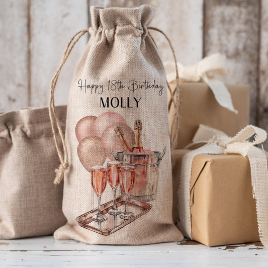 18th Birthday Personalised Hessian Drawstring Bottle Bag