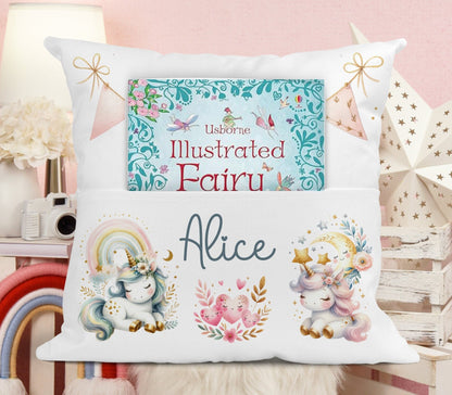 Personalised Linen Unicorn Book Pocket Cushion