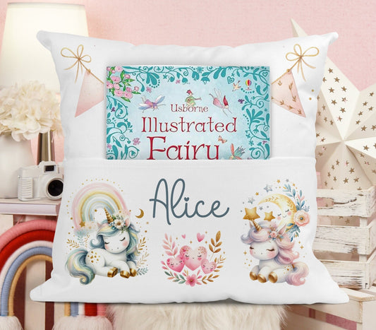Personalised Linen Unicorn Book Pocket Cushion