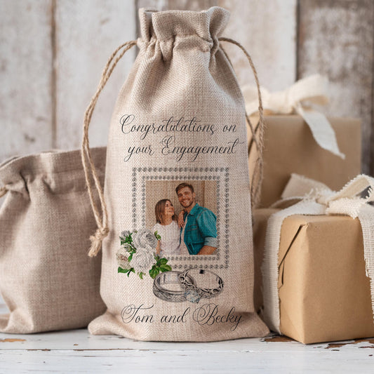 Congratulations on your Engagement Hessian Drawstring Bottle Bag