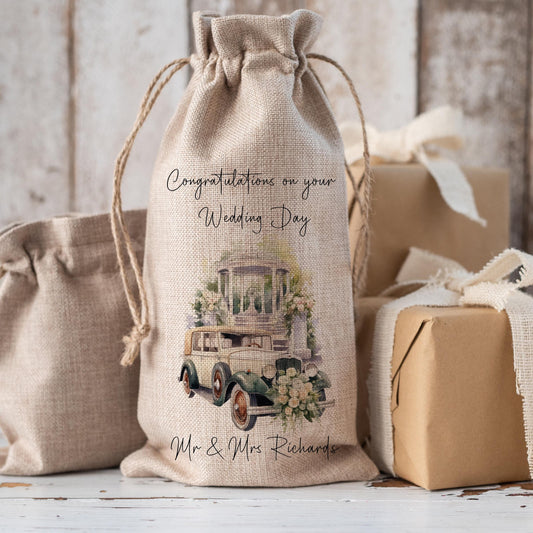 Congratulations on your Wedding Day Hessian Drawstring Bottle Bag