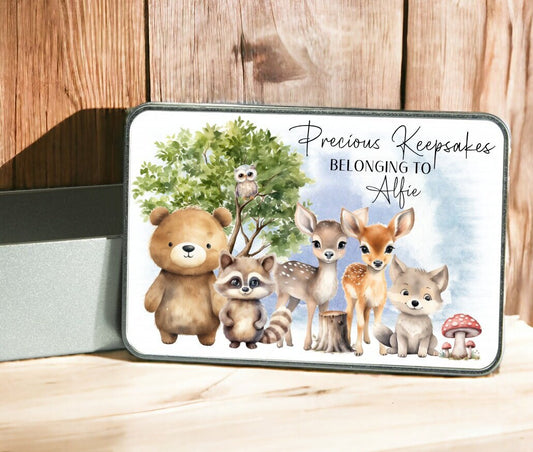 Personalised Baby Keepsake Tin with Cute Woodland Animal Theme