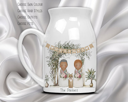 Customisable Peg People Wedding Vase for Mr and Mr, Mrs and Mrs, Mr and Mr - Ceramic Vase with handle - Unique Wedding Gift - Personalised