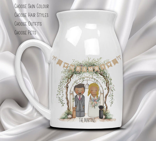 Customisable Peg People Wedding Vase for Mr and Mr, Mrs and Mrs, Mr and Mr - Ceramic Vase with handle - Unique Wedding Gift - Personalised