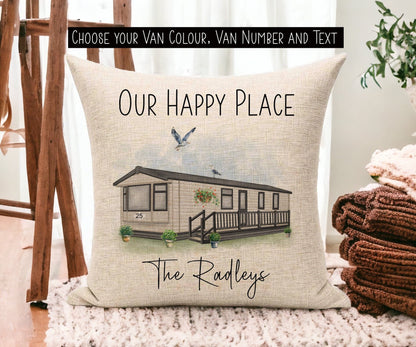 Linen Cushion with Personalised Text and Customised Static Caravan Design.