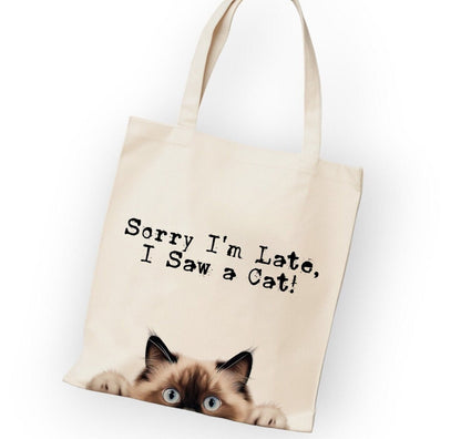 Sorry I'm Late, I Saw a Cat Tote Bag - 12 Breeds to Choose From - Bag for Cat Lovers - Peeping Cats - Cat Owner Gift - Natural Colour